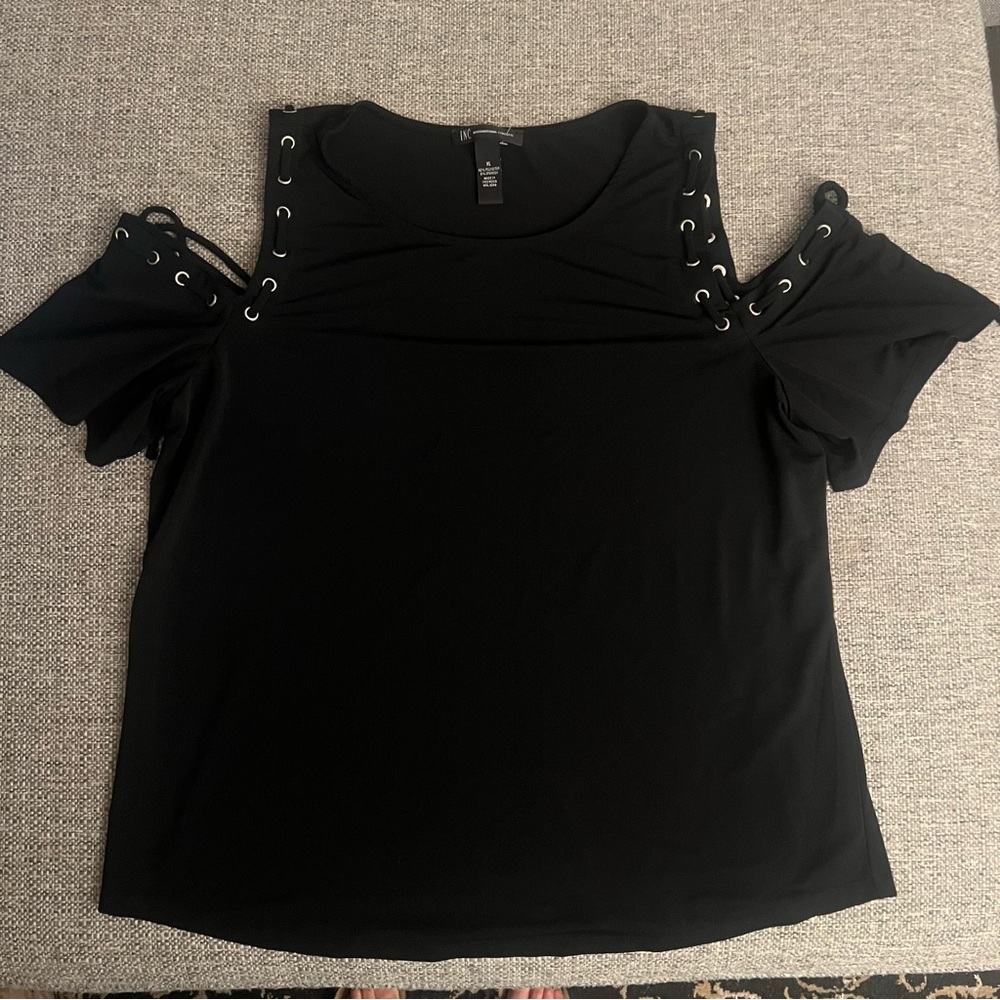 INC International Concepts Black Cold Shoulder Lace Up Sleeve Top XL